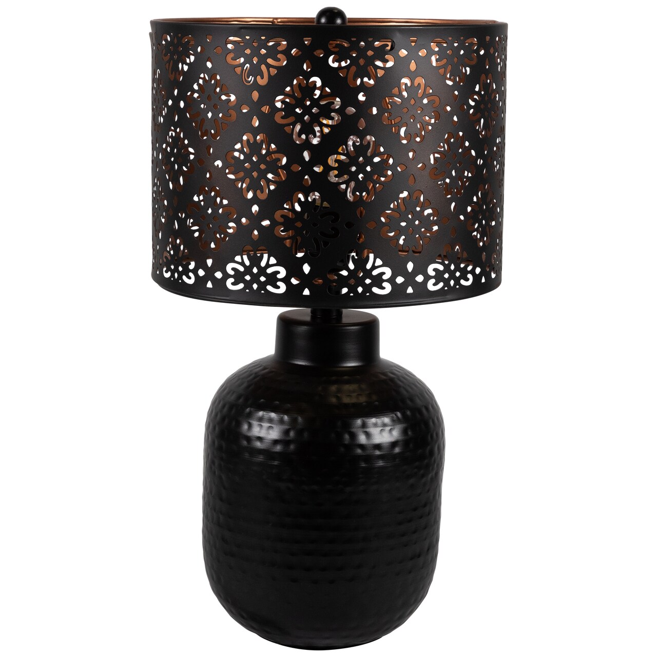 Northlight Round Iron Table Lamp with Laser-Cut Floral Shade - 19" - Black and Copper
